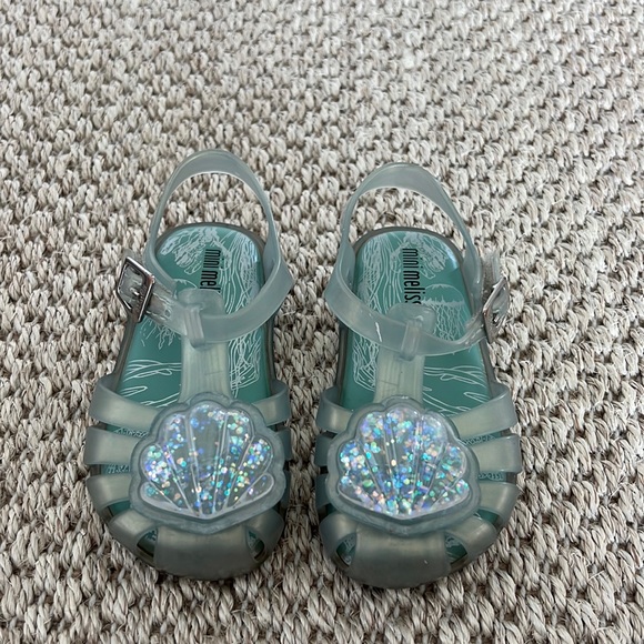 Mini Melissa Gel Teal Sparkle Glitter Seashell Mermaid Sandals size 8 - Picture 4 of 8